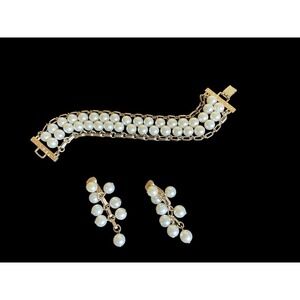 Vintage Sarah Coventry Bracelet & Clip Earings Faux‎ Pearl Beads Brass Gold Tone